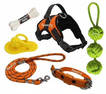 6-in-1 dog walking kit featuring orange padded harness, matching leash, adjustable collar, and assorted rope toys