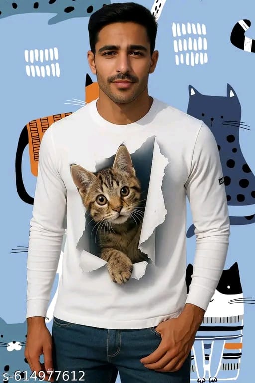 White Cat Printed Full Sleeve Polyester T-Shirt